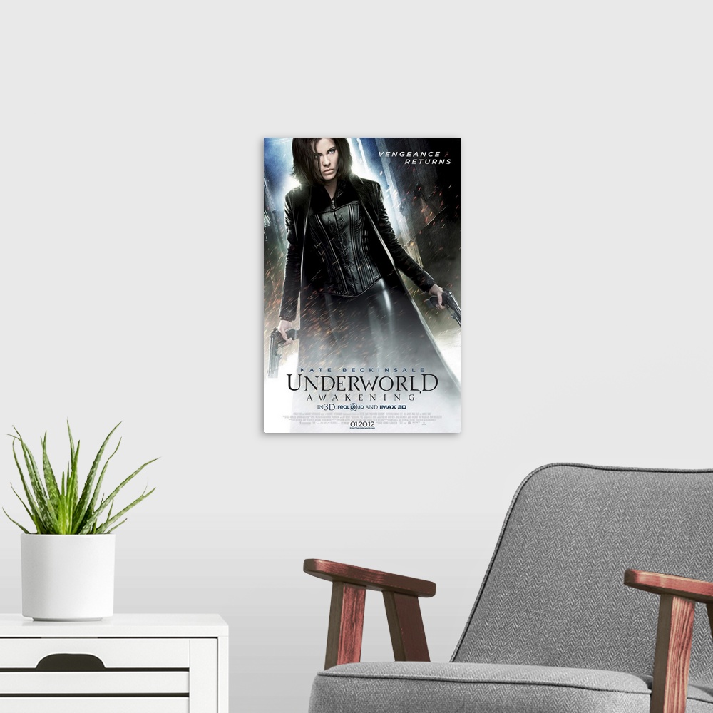A modern room featuring Underworld: Awakening - Movie Poster