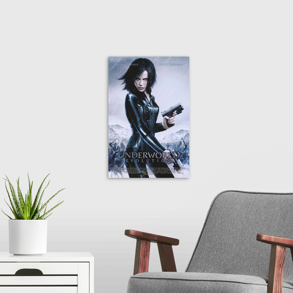 A modern room featuring Underworld: Evolution continues the saga of war between the vampires and the Lycans. The film goe...