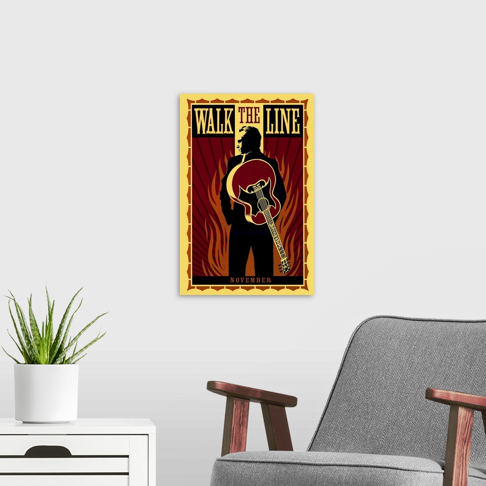 A modern room featuring Retro art movie poster for "Walk The Line". It shows Johnny Cash from behind peering over his sho...