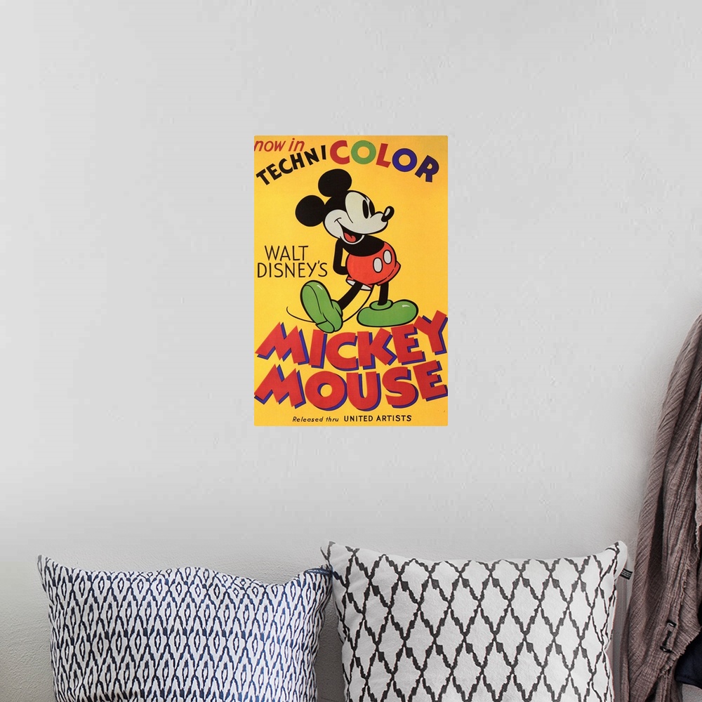 A bohemian room featuring Large canvas of Mickey Mouse on a bright background.
