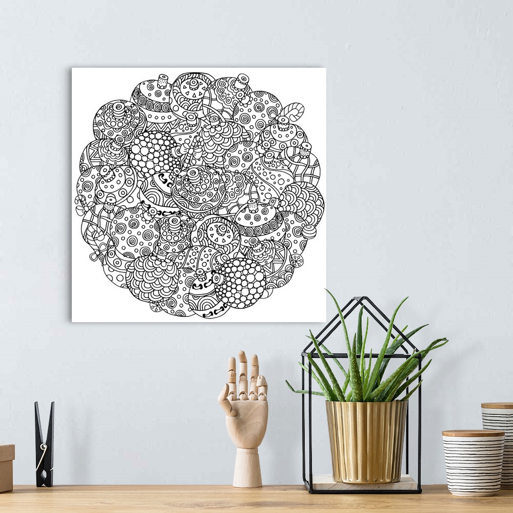 A bohemian room featuring Contemporary line art of holiday baubles in circular formation against a white background. Perfec...