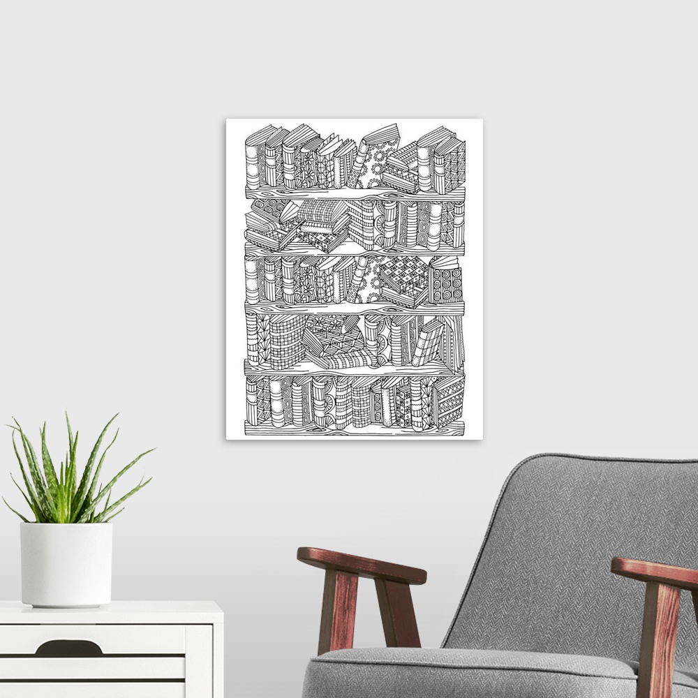 A modern room featuring Contemporary line art of a bookshelf stacked with a ton of books. Perfect for Coloring Canvas.
