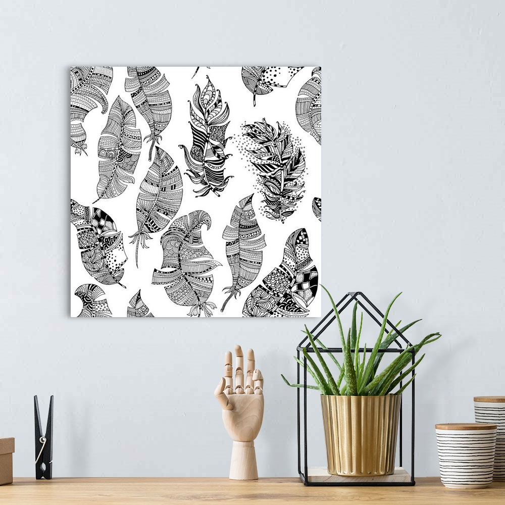 A bohemian room featuring Contemporary line art of patterned feathers against a white background. Perfect for Coloring Canvas.