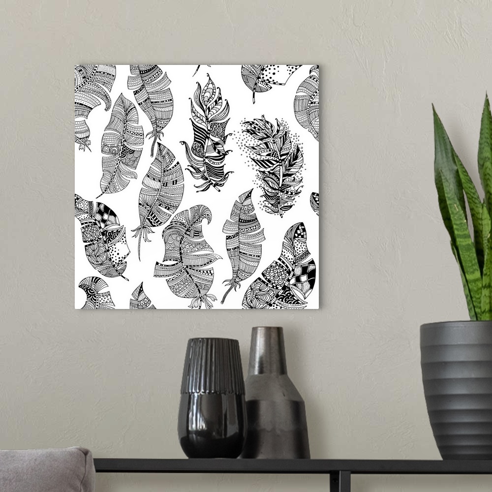 A modern room featuring Contemporary line art of patterned feathers against a white background. Perfect for Coloring Canvas.