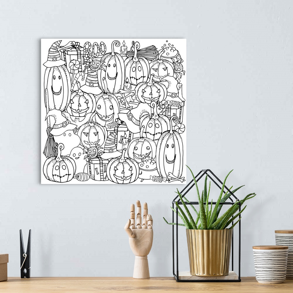 A bohemian room featuring Contemporary line art of Jack-O-Lanterns against a white background. Perfect for Coloring Canvas.