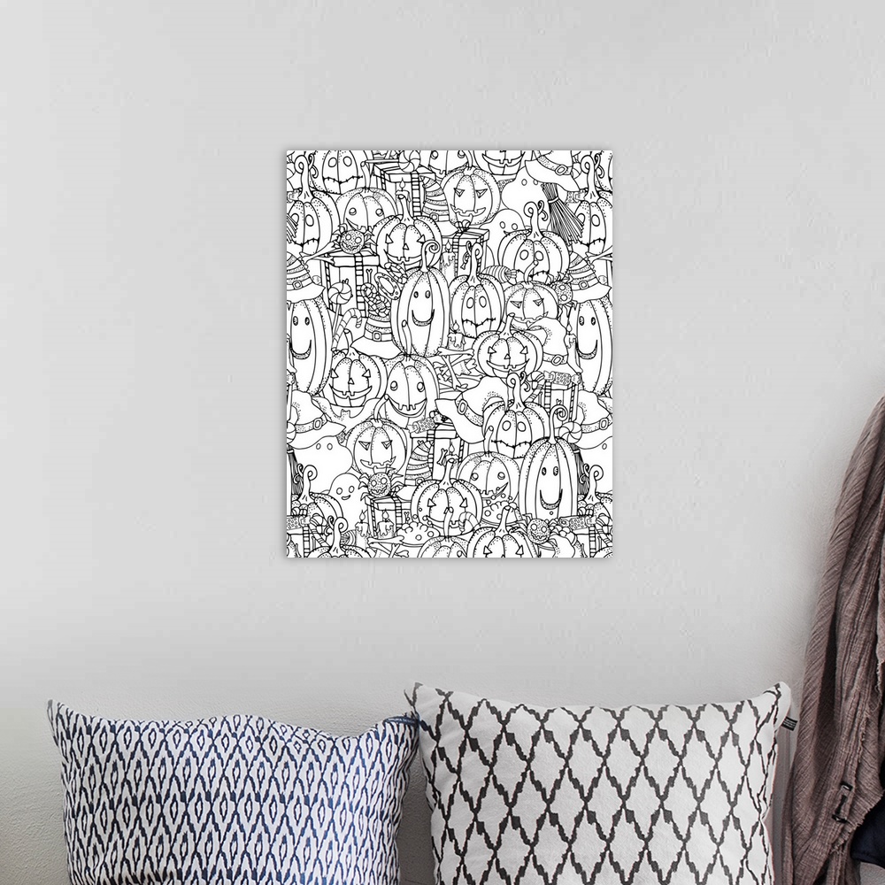 A bohemian room featuring Contemporary line art of Jack-O-Lanterns against a white background. Perfect for Coloring Canvas.