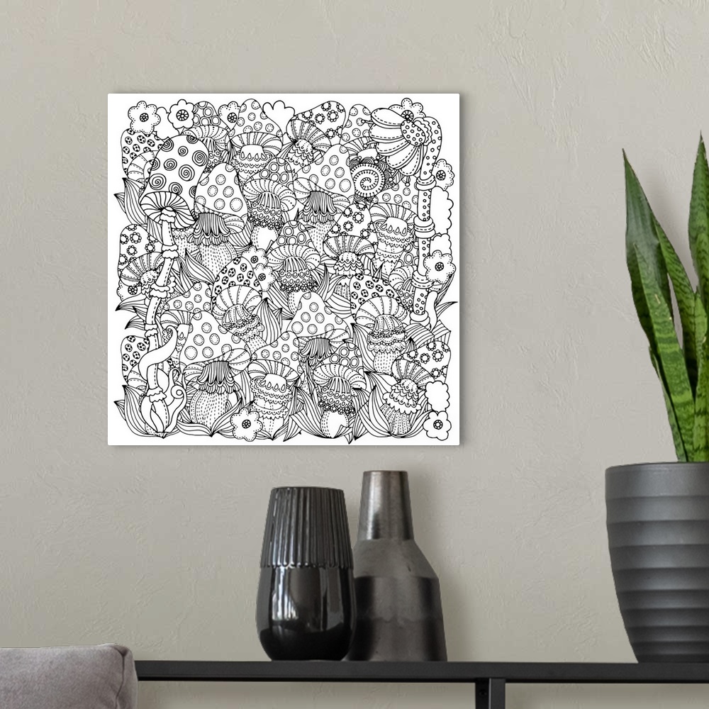 A modern room featuring Contemporary line art of an intricate design of mushrooms and flowers. Perfect for Coloring Canvas.