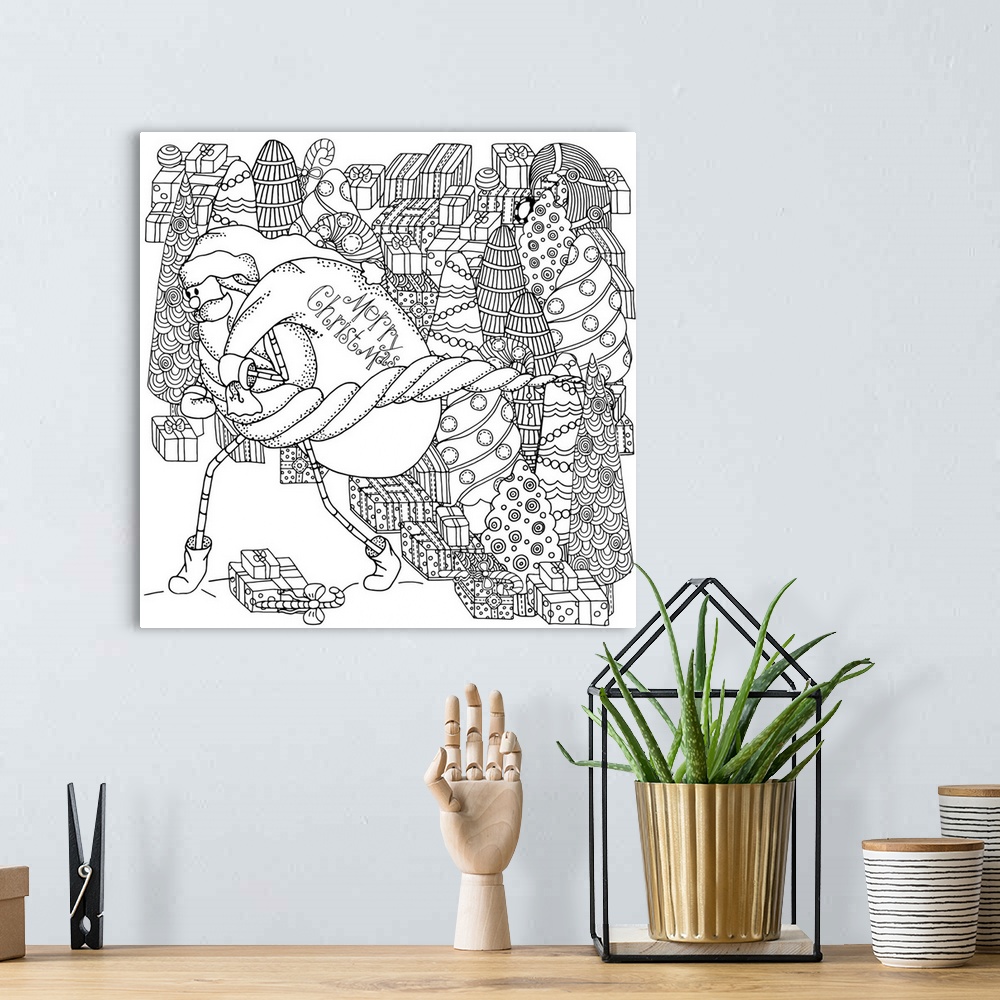 A bohemian room featuring Contemporary line art of Santa Claus against a background of presents. Perfect for Coloring Canvas.