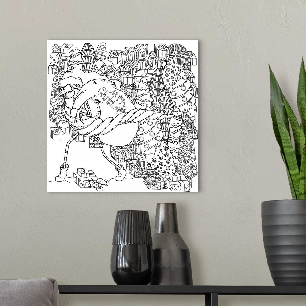 A modern room featuring Contemporary line art of Santa Claus against a background of presents. Perfect for Coloring Canvas.