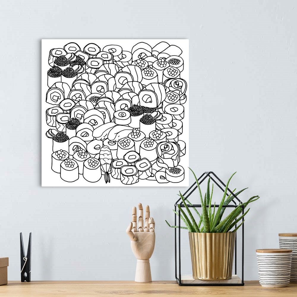 A bohemian room featuring Contemporary line art of a large group of sushi rolls with sashimi against a white background. Pe...