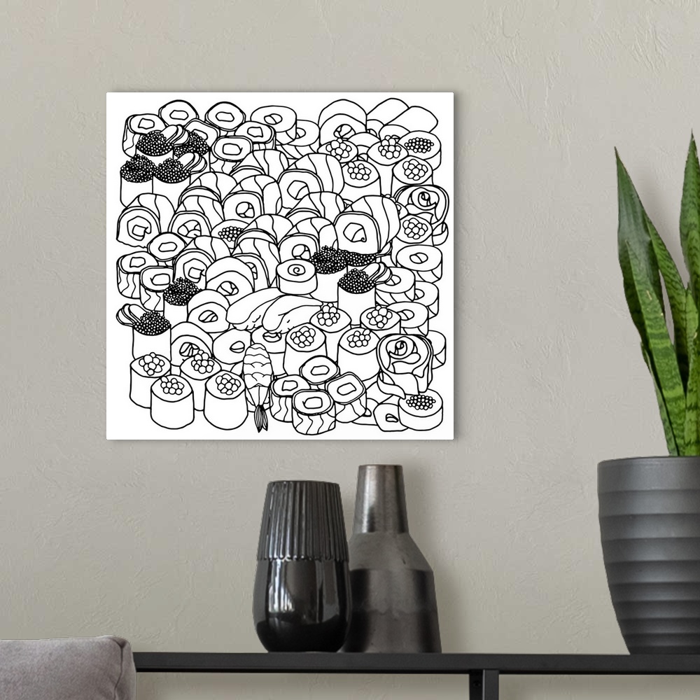 A modern room featuring Contemporary line art of a large group of sushi rolls with sashimi against a white background. Pe...