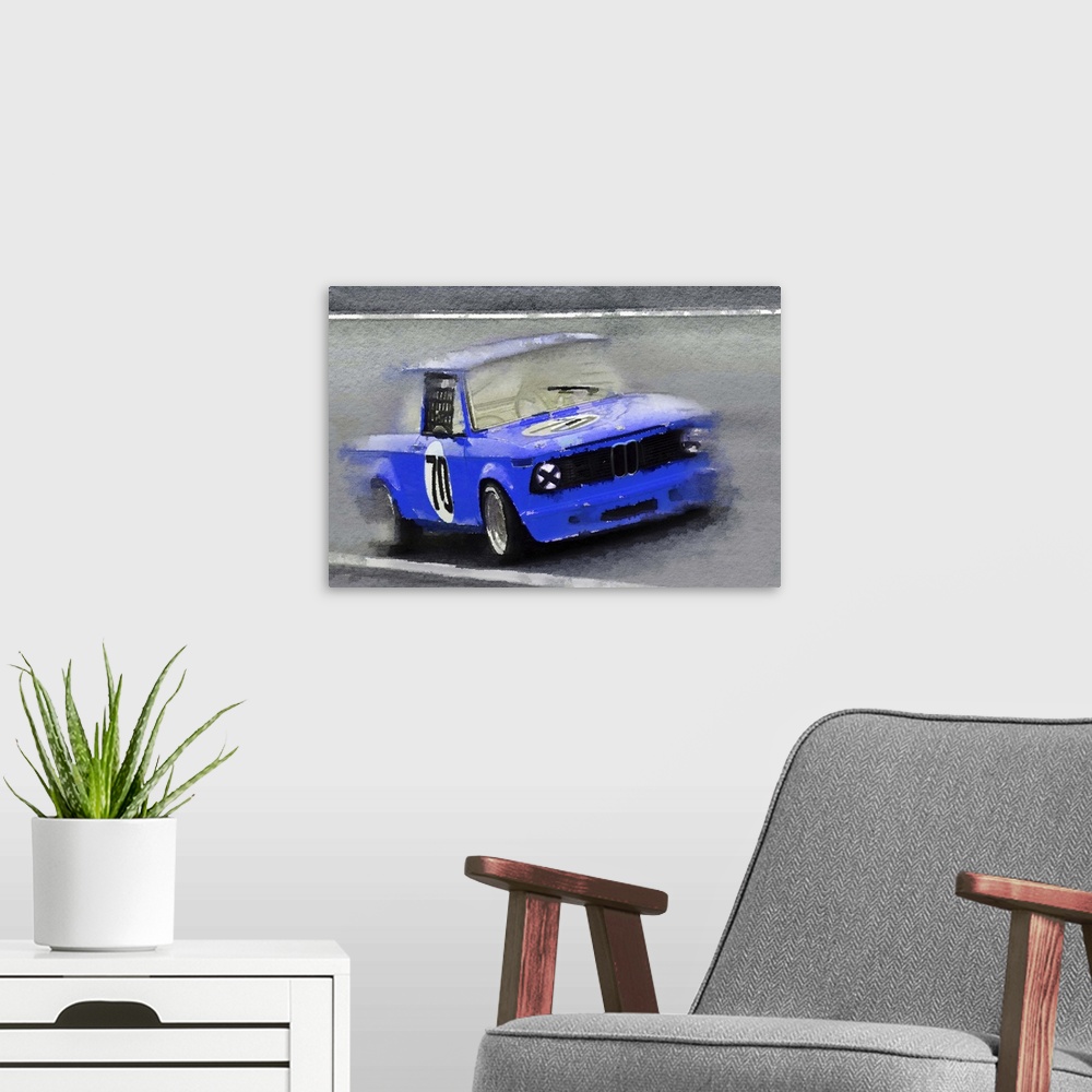 A modern room featuring 1969 BMW 2002 Racing Watercolor
