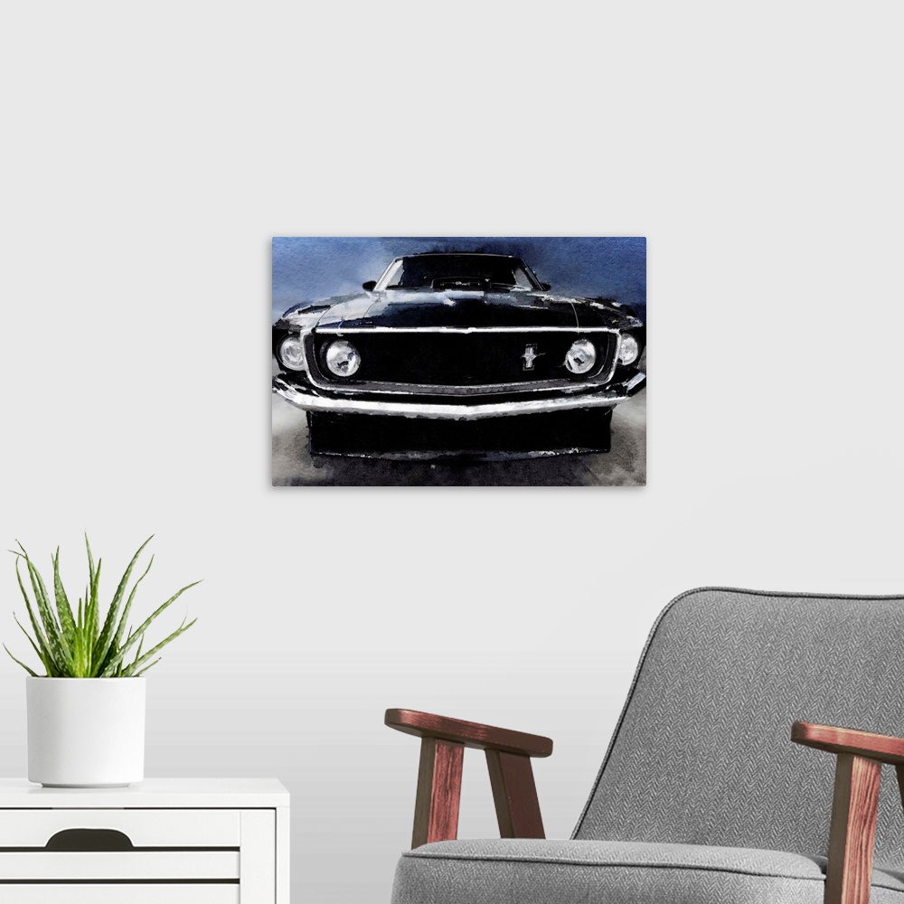 A modern room featuring 1969 Ford Mustang Shelby Front Watercolor
