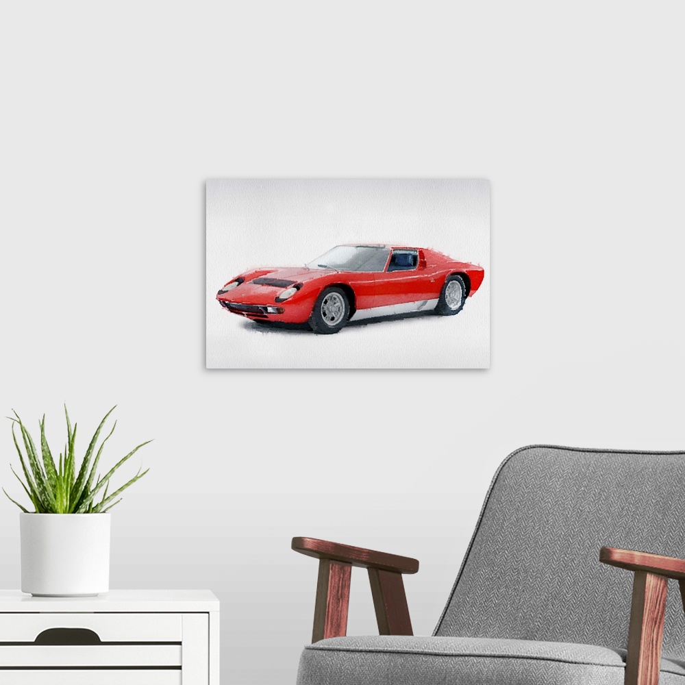 A modern room featuring 1969 Lamborghini Miura P400 S Watercolor