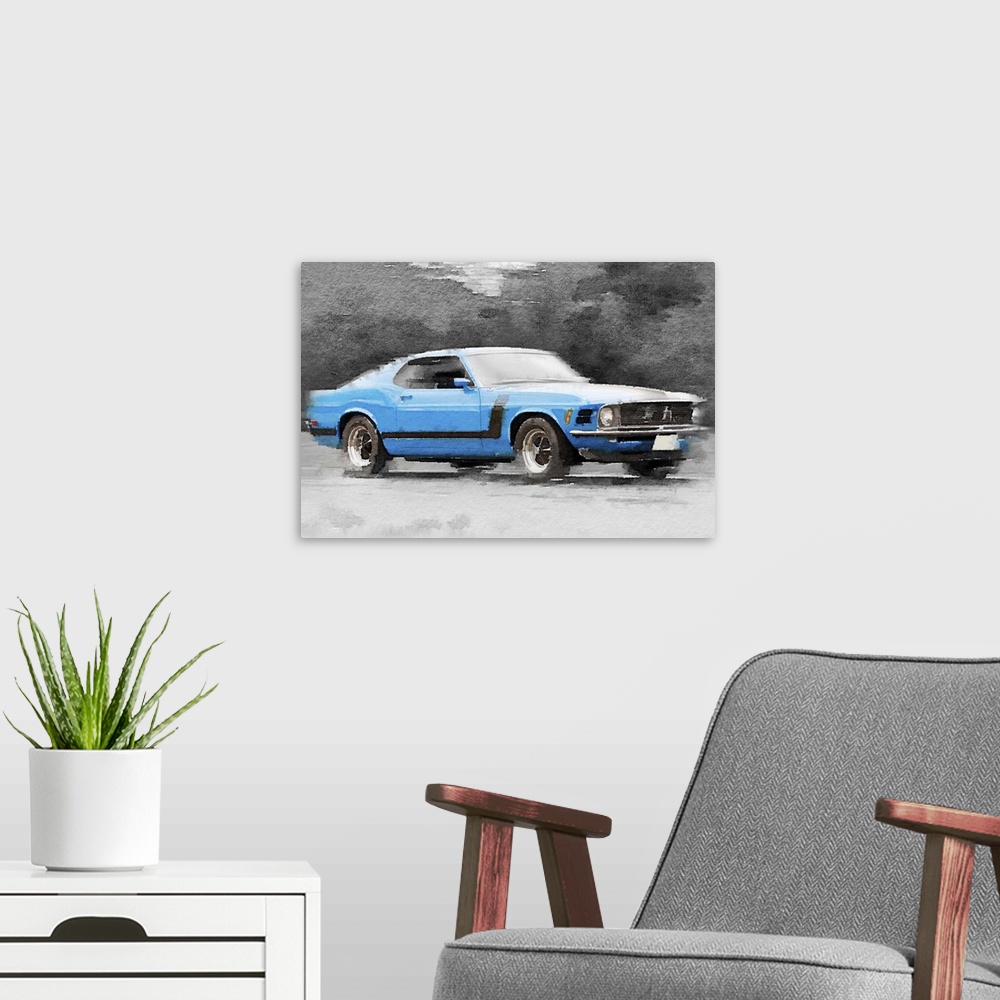 A modern room featuring 1970 Ford Mustang Boss Blue Watercolor