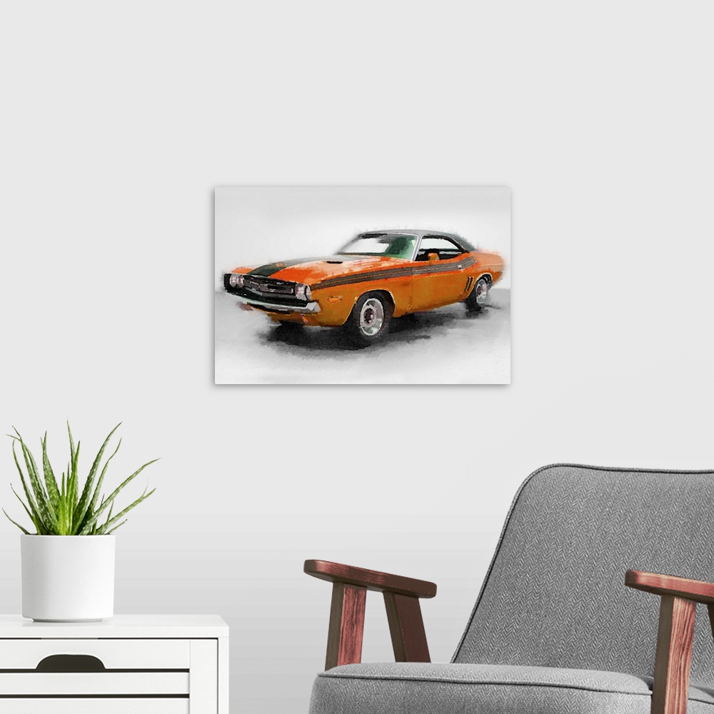 A modern room featuring 1971 Dodge Challenger Watercolor
