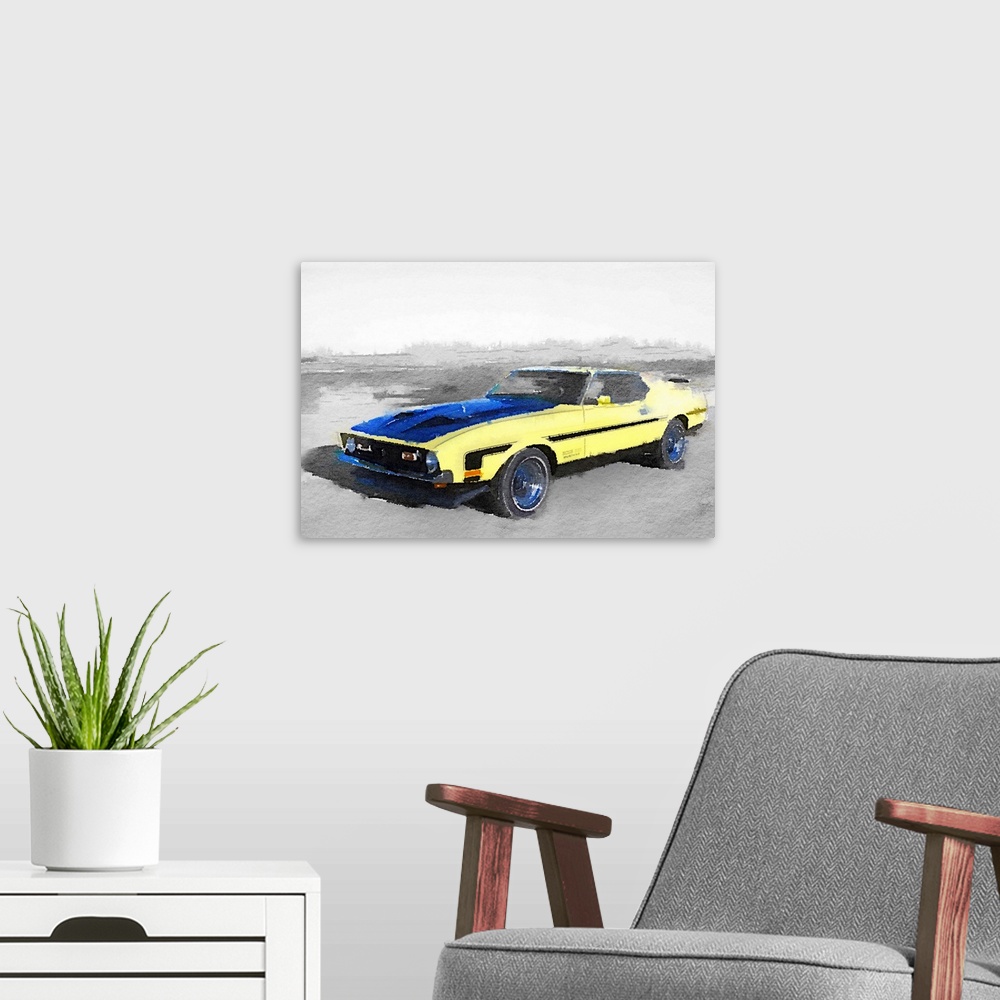 A modern room featuring 1971 Ford Mustang Boss Watercolor