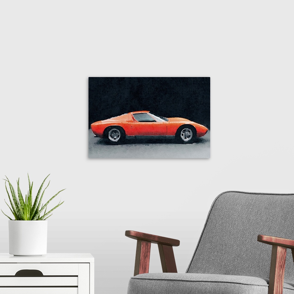 A modern room featuring 1971 Lamborghini Miura P400 S Watercolor