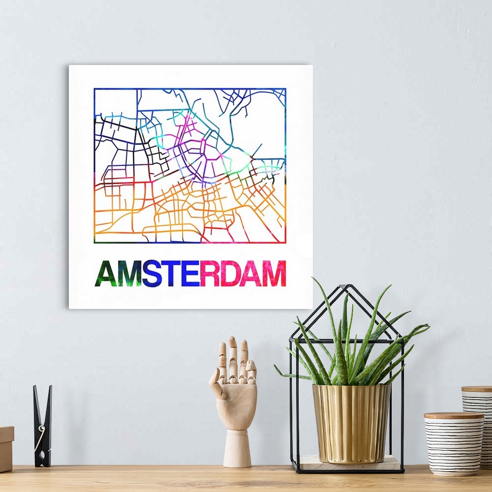 A bohemian room featuring Colorful map of the streets of Amsterdam, Netherlands.