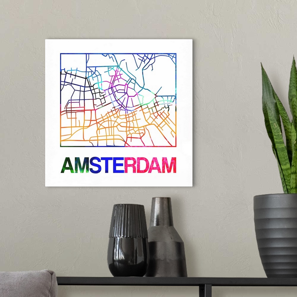 A modern room featuring Colorful map of the streets of Amsterdam, Netherlands.