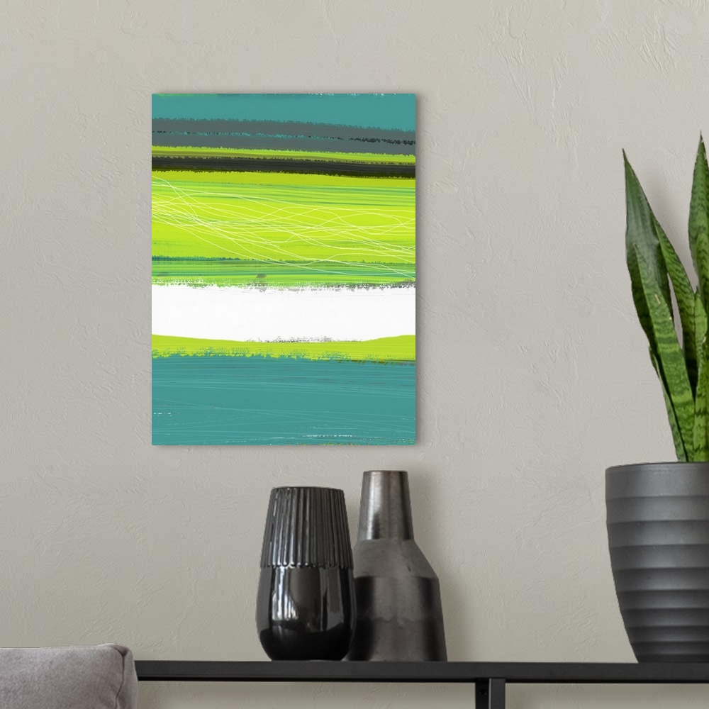A modern room featuring Abstract artwork that uses bright cool colors painted horizontally across this vertical print.