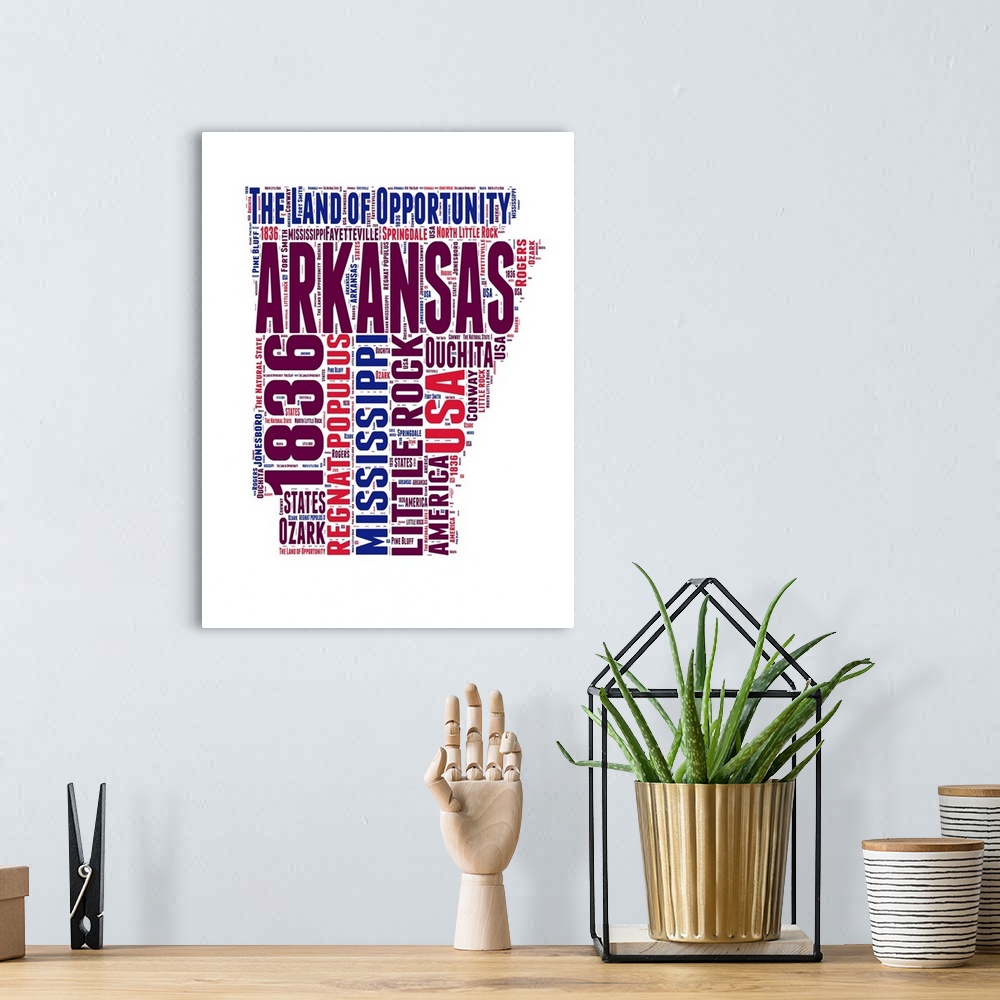 A bohemian room featuring Typography art map of the US state Arkansas.