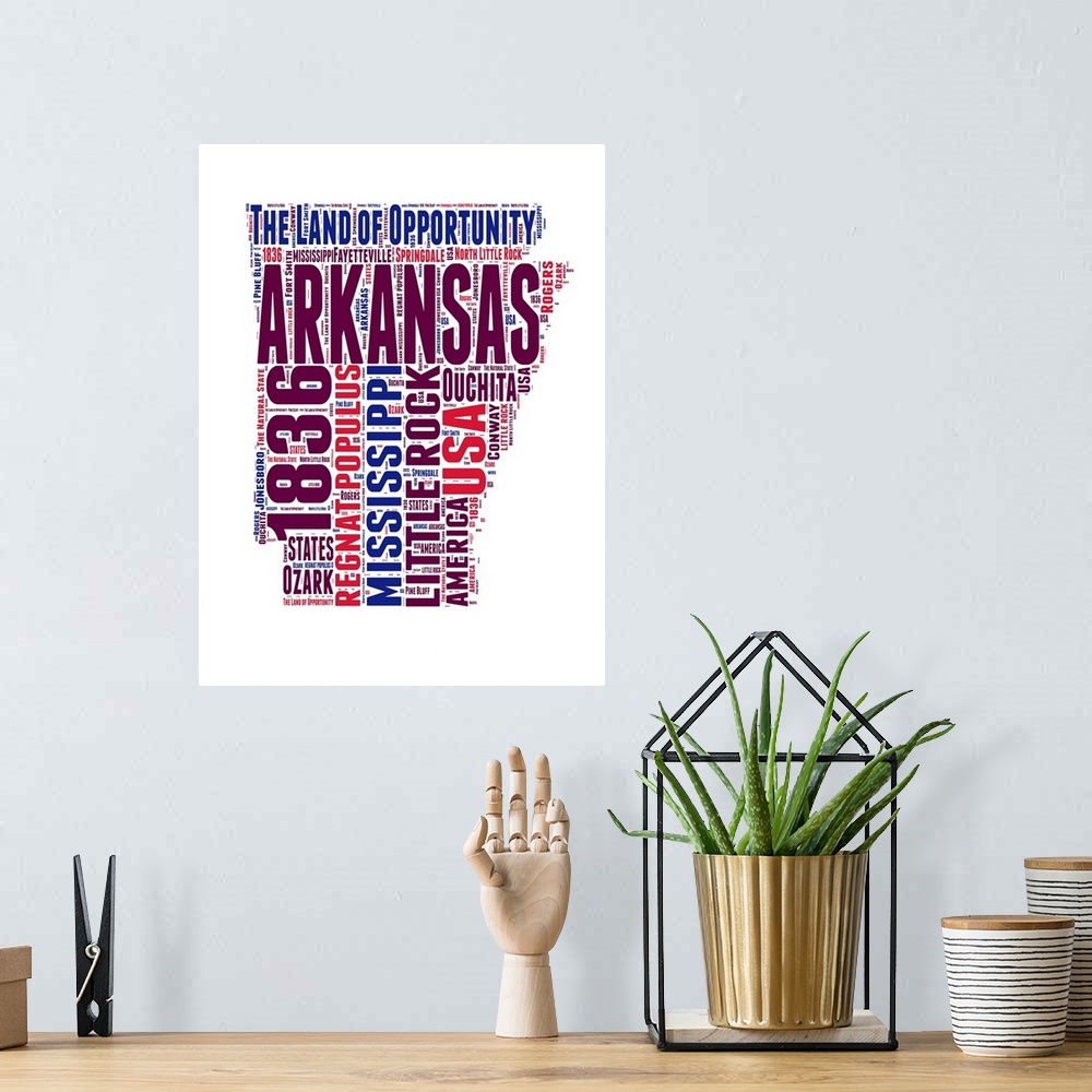 A bohemian room featuring Typography art map of the US state Arkansas.