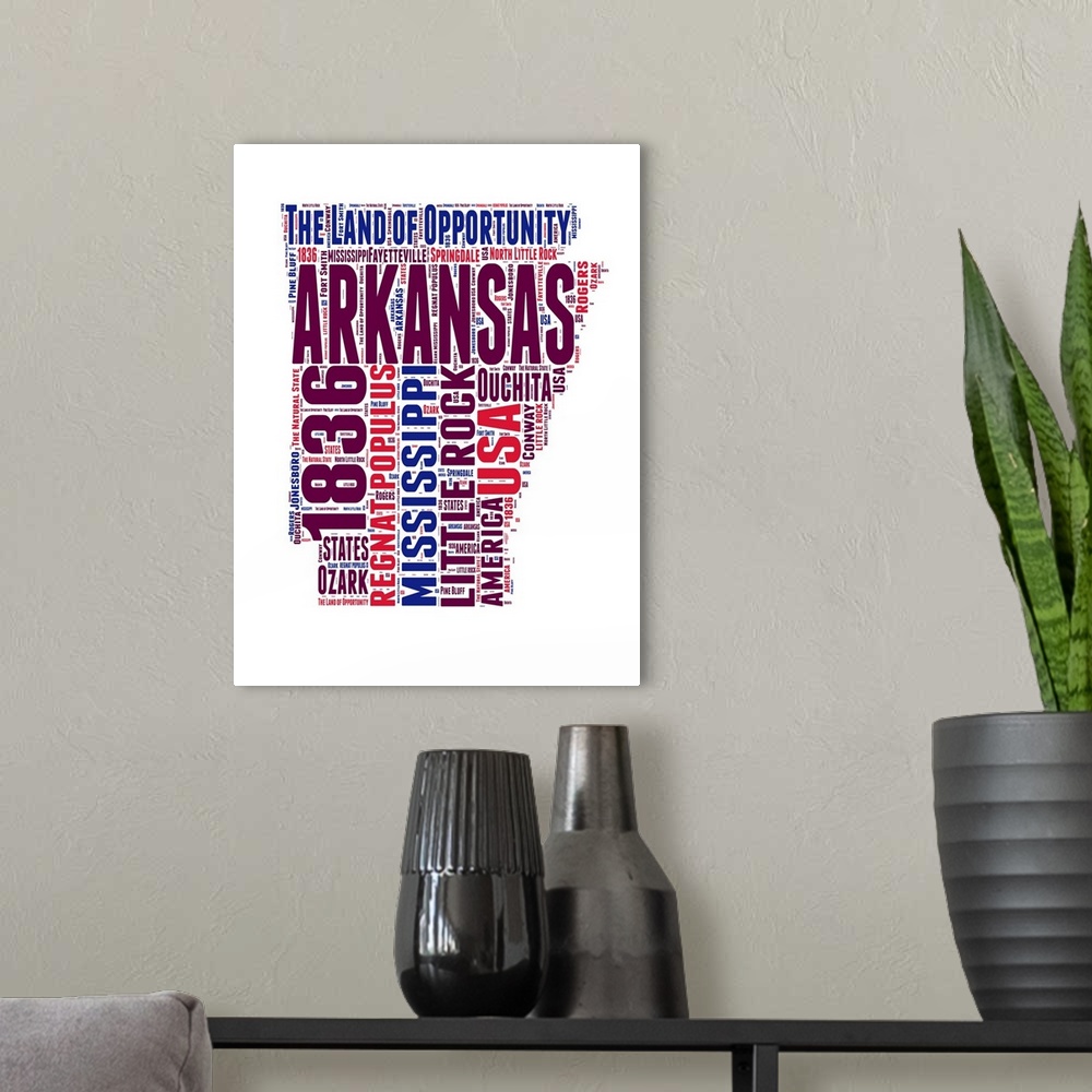 A modern room featuring Typography art map of the US state Arkansas.