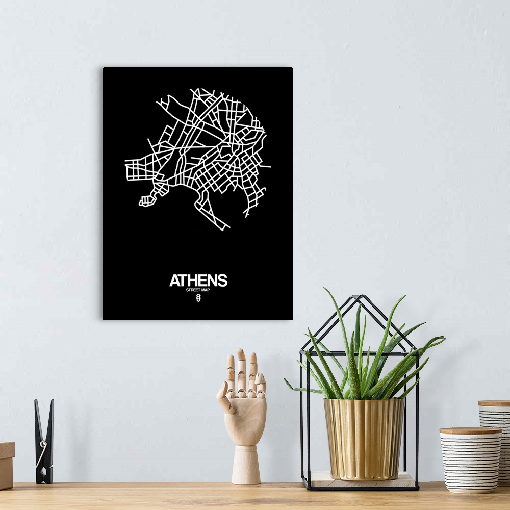 A bohemian room featuring Minimalist art map of the city streets of Athens in black and white.