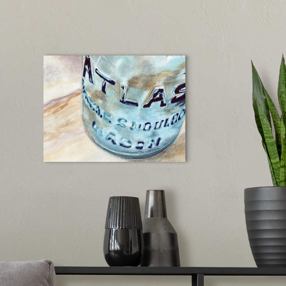 A modern room featuring Contemporary painting of a close view of a glass jar.