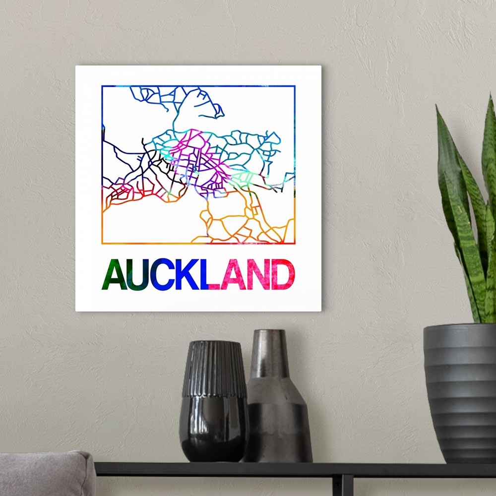 A modern room featuring Colorful map of the streets of Auckland, New Zealand.