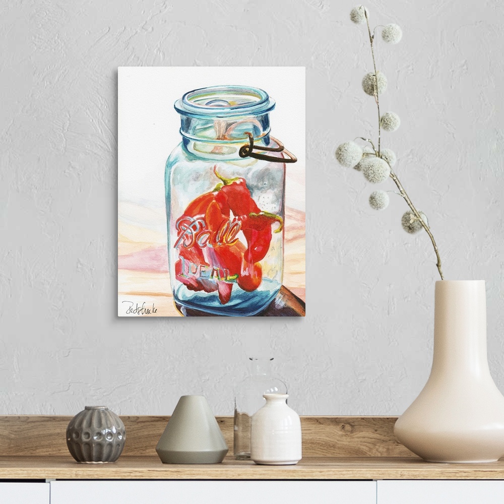 A farmhouse room featuring A contemporary painting of a glass jar containing chili peppers.