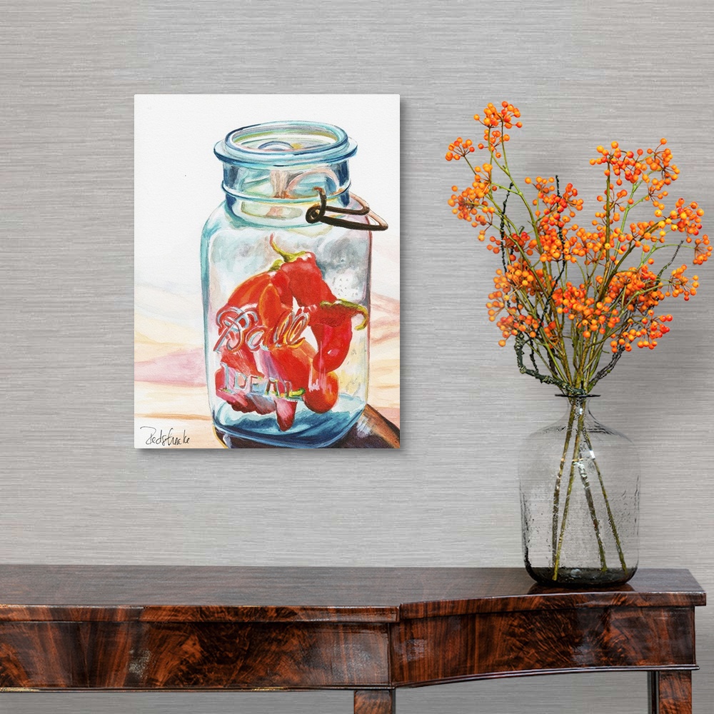 A traditional room featuring A contemporary painting of a glass jar containing chili peppers.