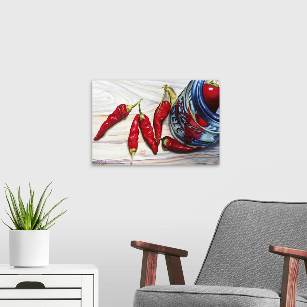 A modern room featuring A contemporary painting of a glass jar containing chili peppers.