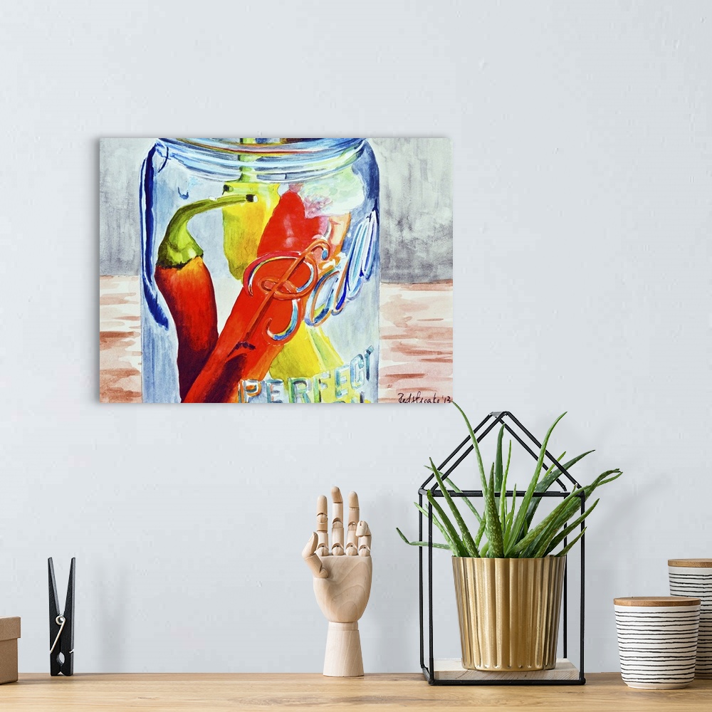 A bohemian room featuring A contemporary painting of a glass jar containing chili peppers.
