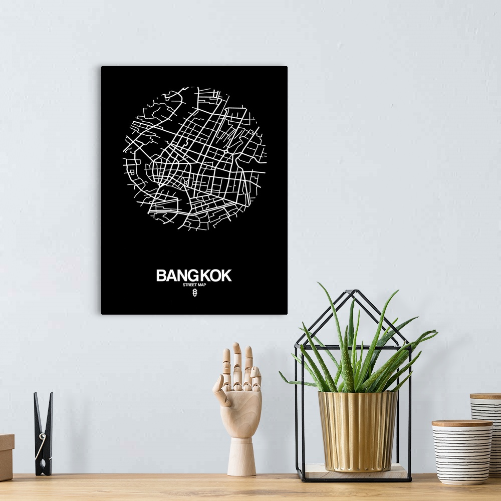 A bohemian room featuring Minimalist art map of the city streets of Bangkok in black and white.
