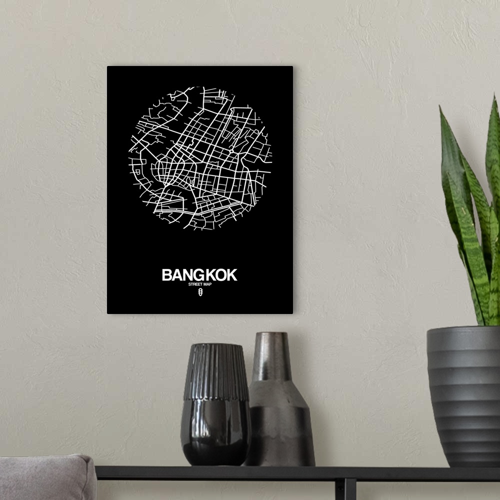 A modern room featuring Minimalist art map of the city streets of Bangkok in black and white.