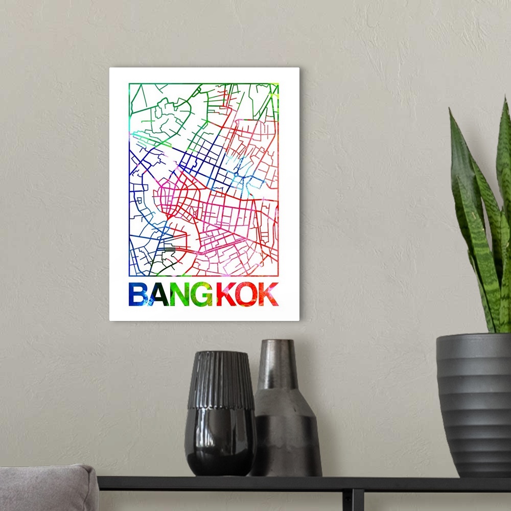 A modern room featuring Colorful map of the streets of Bangkok, Thailand.