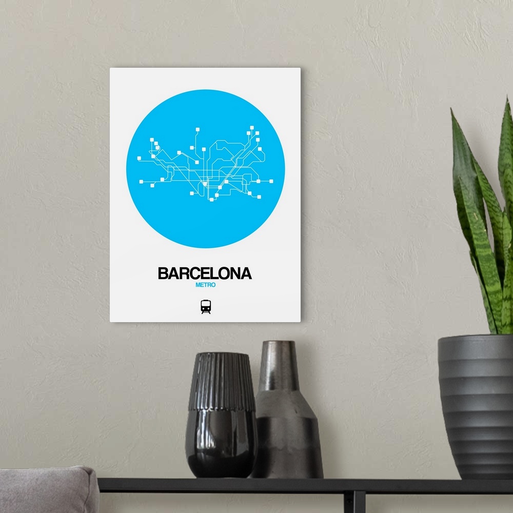 A modern room featuring Barcelona Blue Subway Map