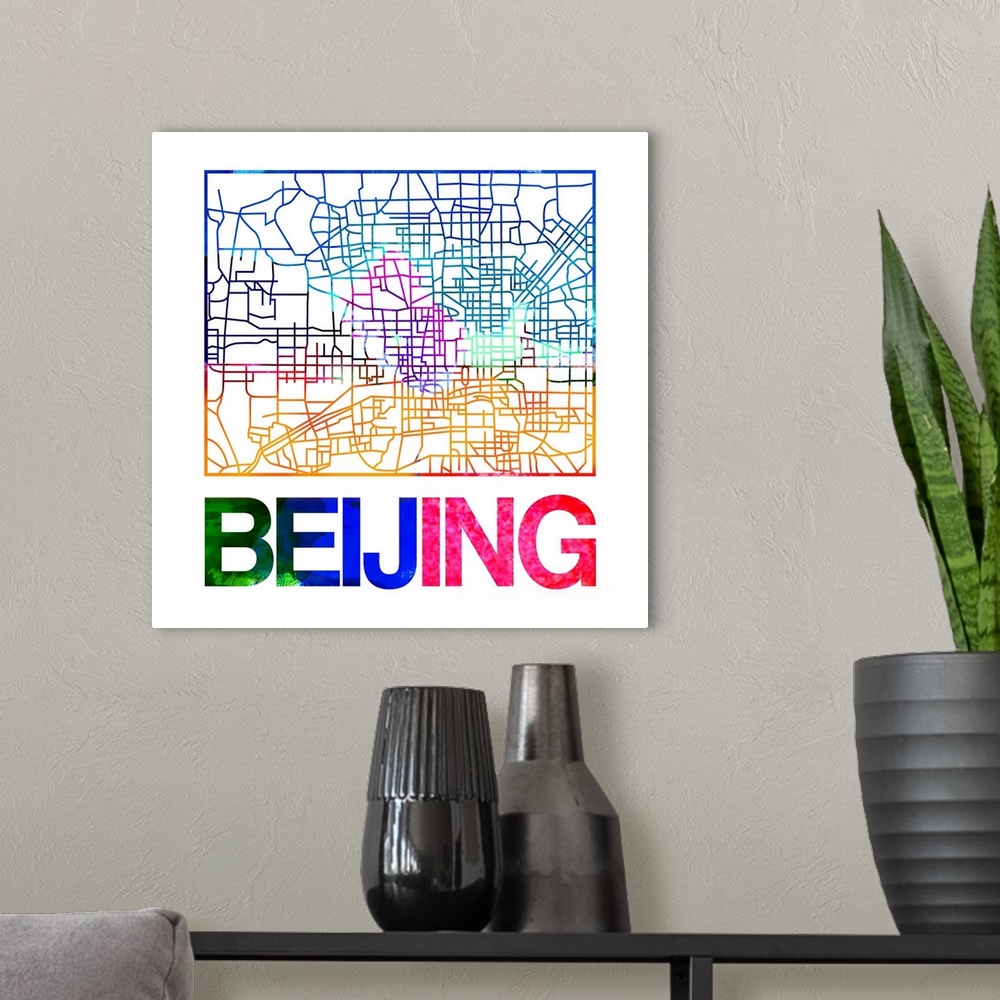 A modern room featuring Colorful map of the streets of Beijing, China.