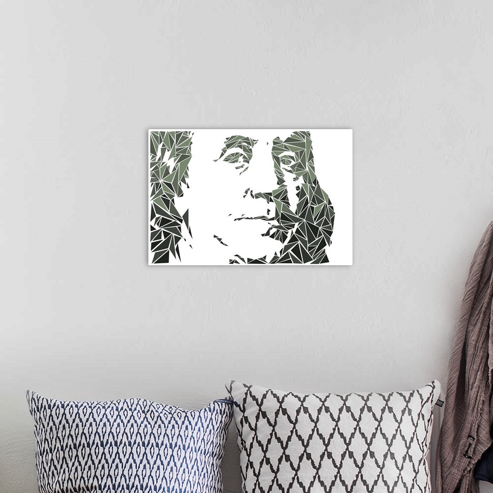 A bohemian room featuring Portrait of Benjamin Franklin made up of triangular shapes.