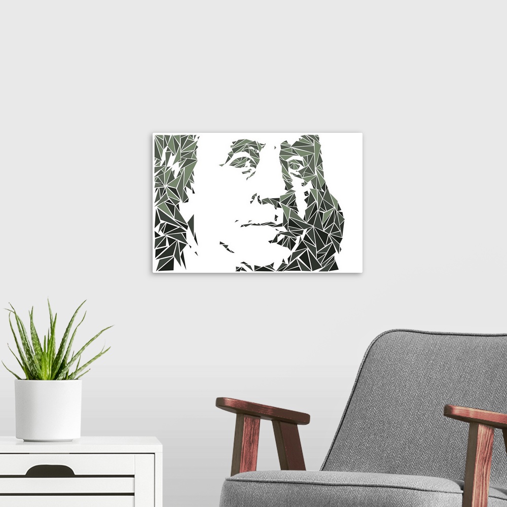 A modern room featuring Portrait of Benjamin Franklin made up of triangular shapes.