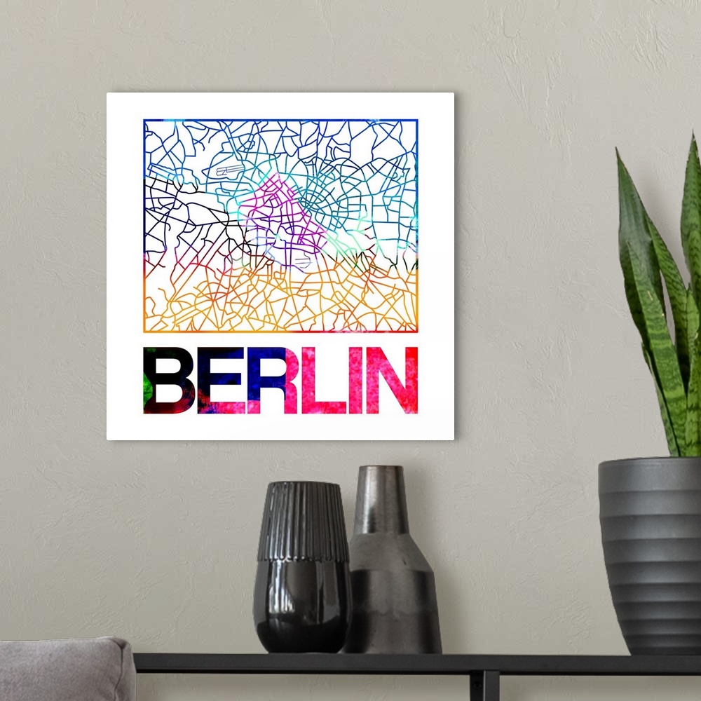 A modern room featuring Colorful map of the streets of Berlin, Germany.