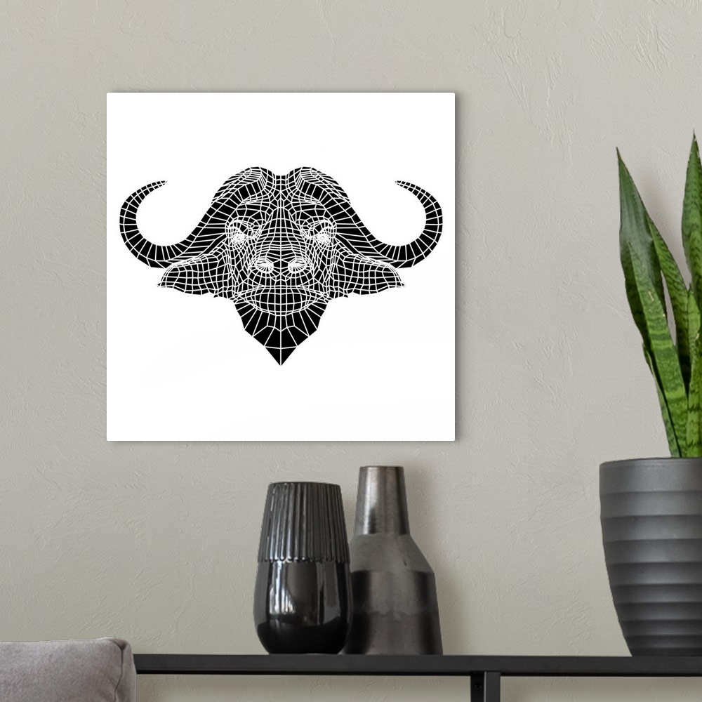 A modern room featuring Buffalo head made up of a polygon mesh.