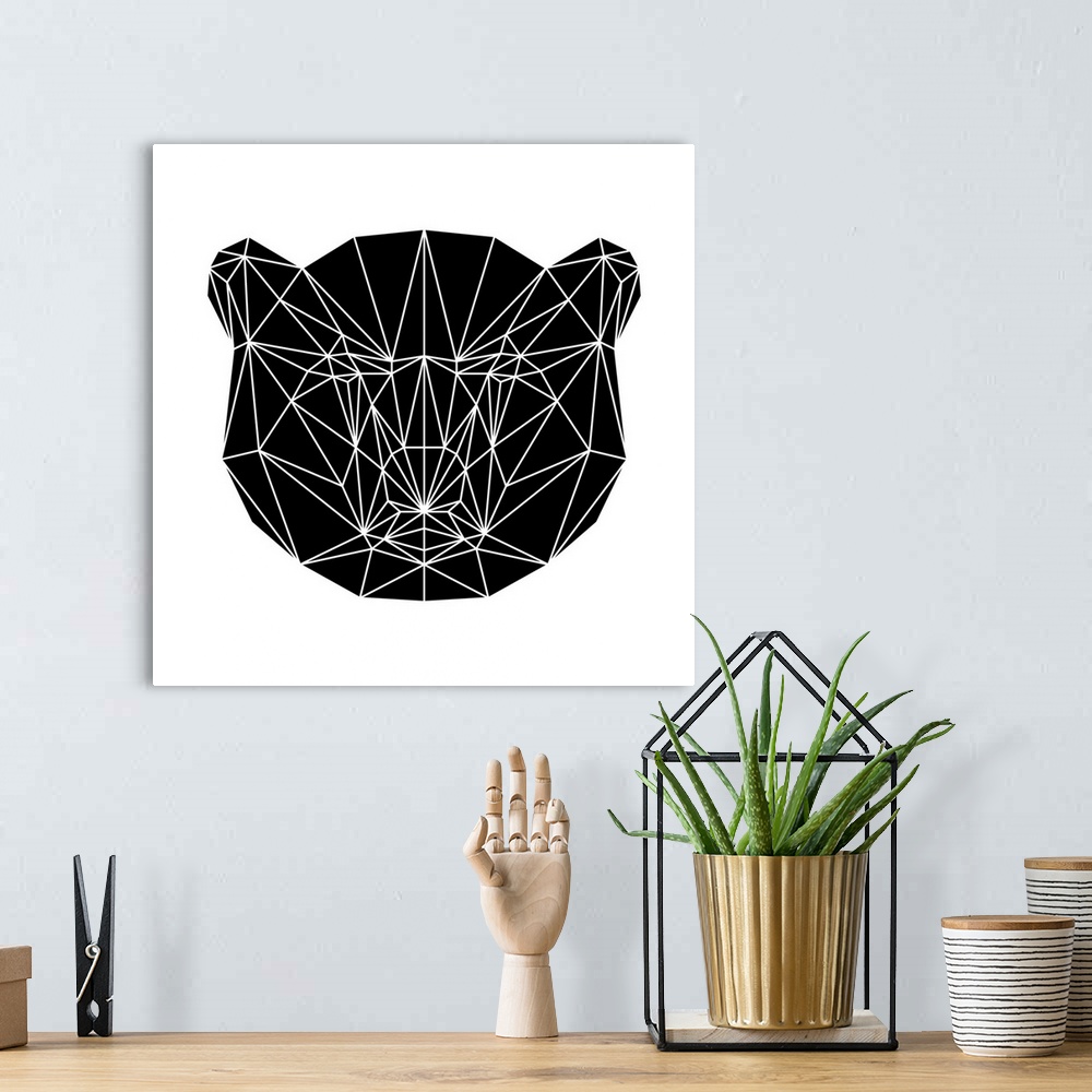 A bohemian room featuring Bear head made up of a polygon mesh.