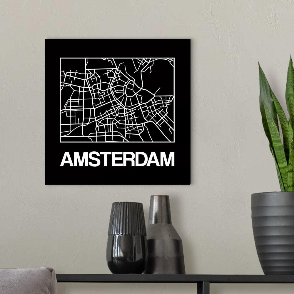 A modern room featuring Contemporary minimalist art map of the city streets of Amsterdam.