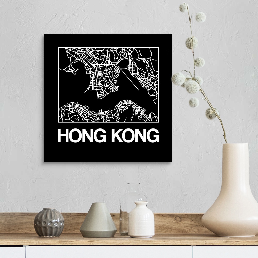A farmhouse room featuring Contemporary minimalist art map of the city streets of Hong Kong.