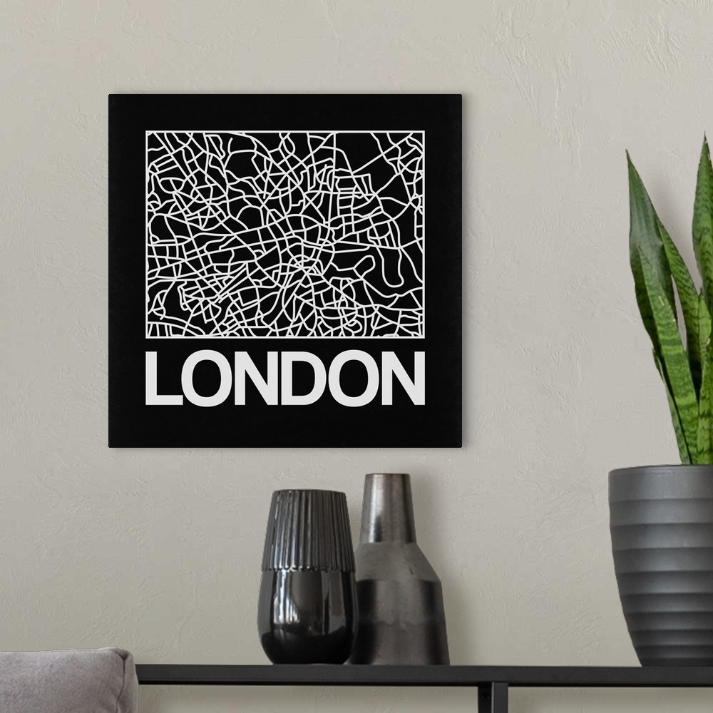 A modern room featuring Contemporary minimalist art map of the city streets of London.