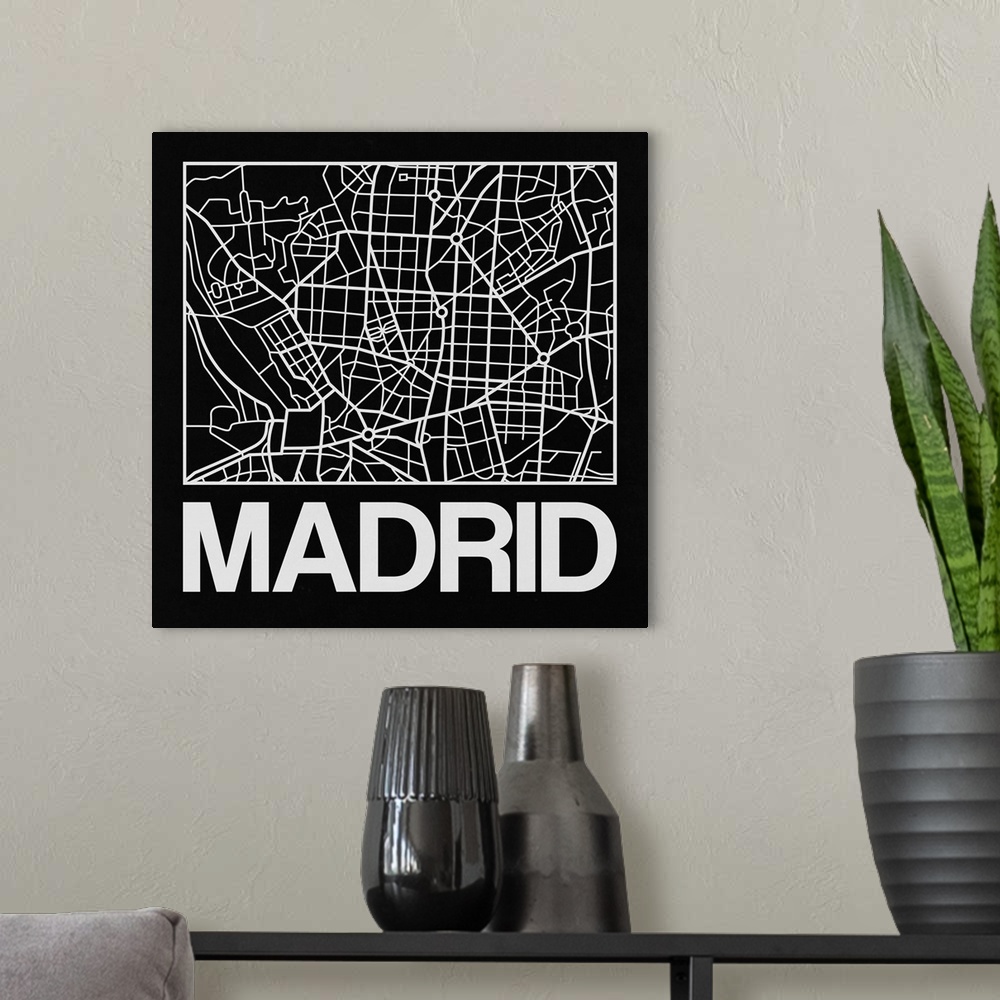 A modern room featuring Contemporary minimalist art map of the city streets of Madrid.