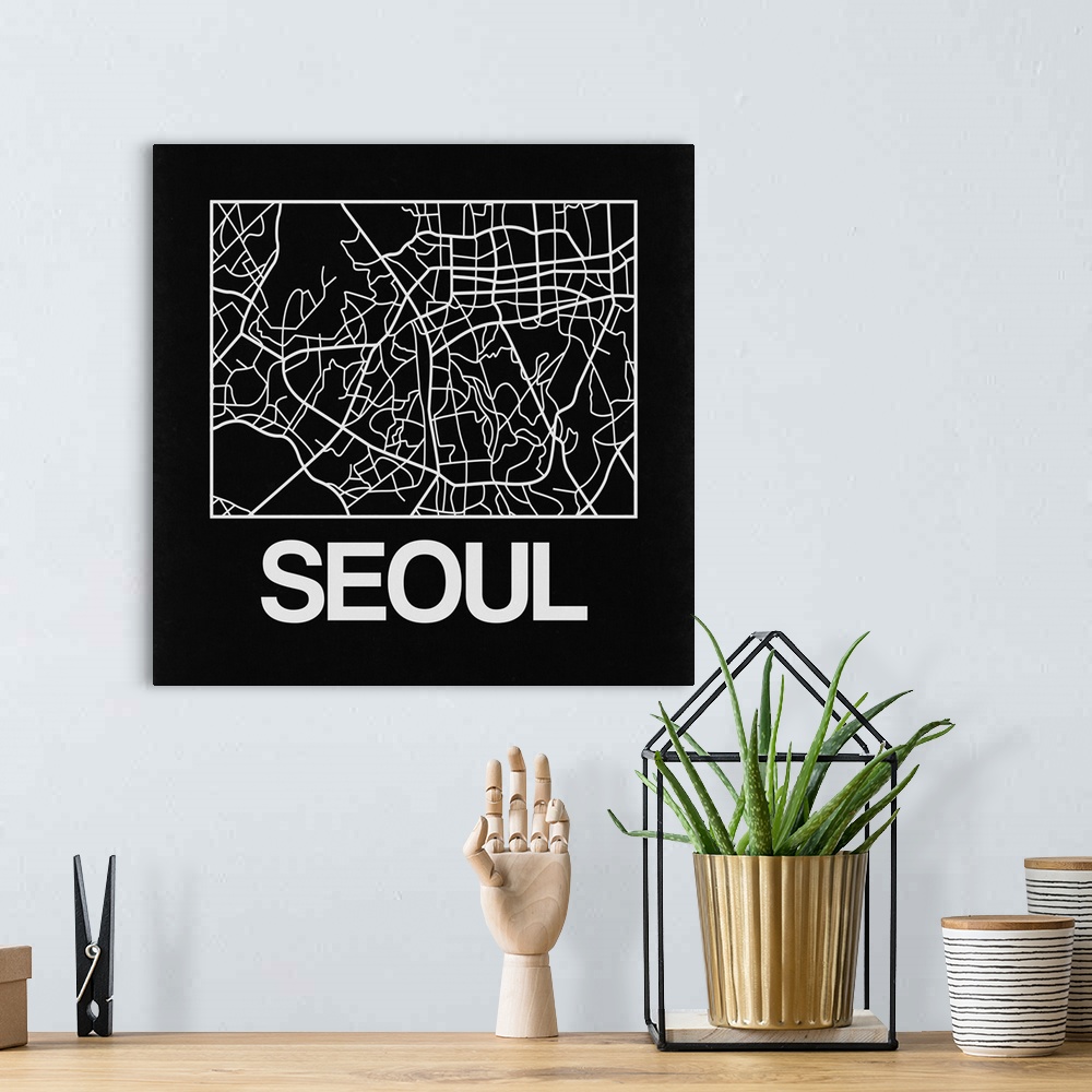 A bohemian room featuring Contemporary minimalist art map of the city streets of Seoul.
